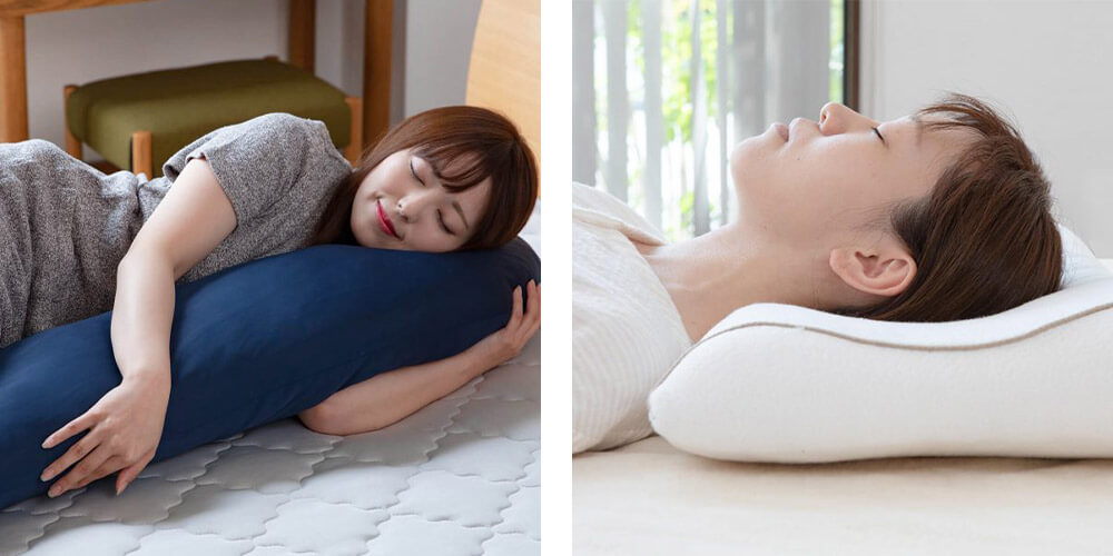 抱きついて寝られる抱き枕タイプや頭と首のカーブに合うように作られた凹凸タイプもある