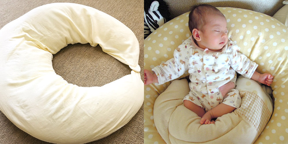 妊婦さんにおすすめなバナナタイプ（三日月型）の抱き枕は授乳クッションや腰が据わってきた赤ちゃんのおすわりサポートとしても活躍してくれる