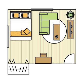 部屋の中央にダブルベッド1台を置いて余裕のある空間を演出する、ベッドを壁に寄せて書斎スペースを設けるなど凝ったレイアウトができます。