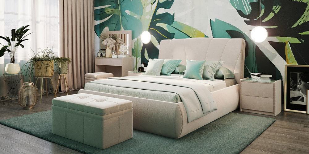 リラックスできる寝室は、癒やし効果があるといわれるグリーン系の色合いでコーディネートするとよい